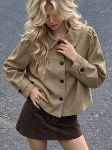 Women Fall Winter Khaki Peter Pan Collar Cropped Jacket Shoulder Ruched Sleeve Ruched Front Single Breasted Casual City Street Daily Office Going Out - Khaki - View 9