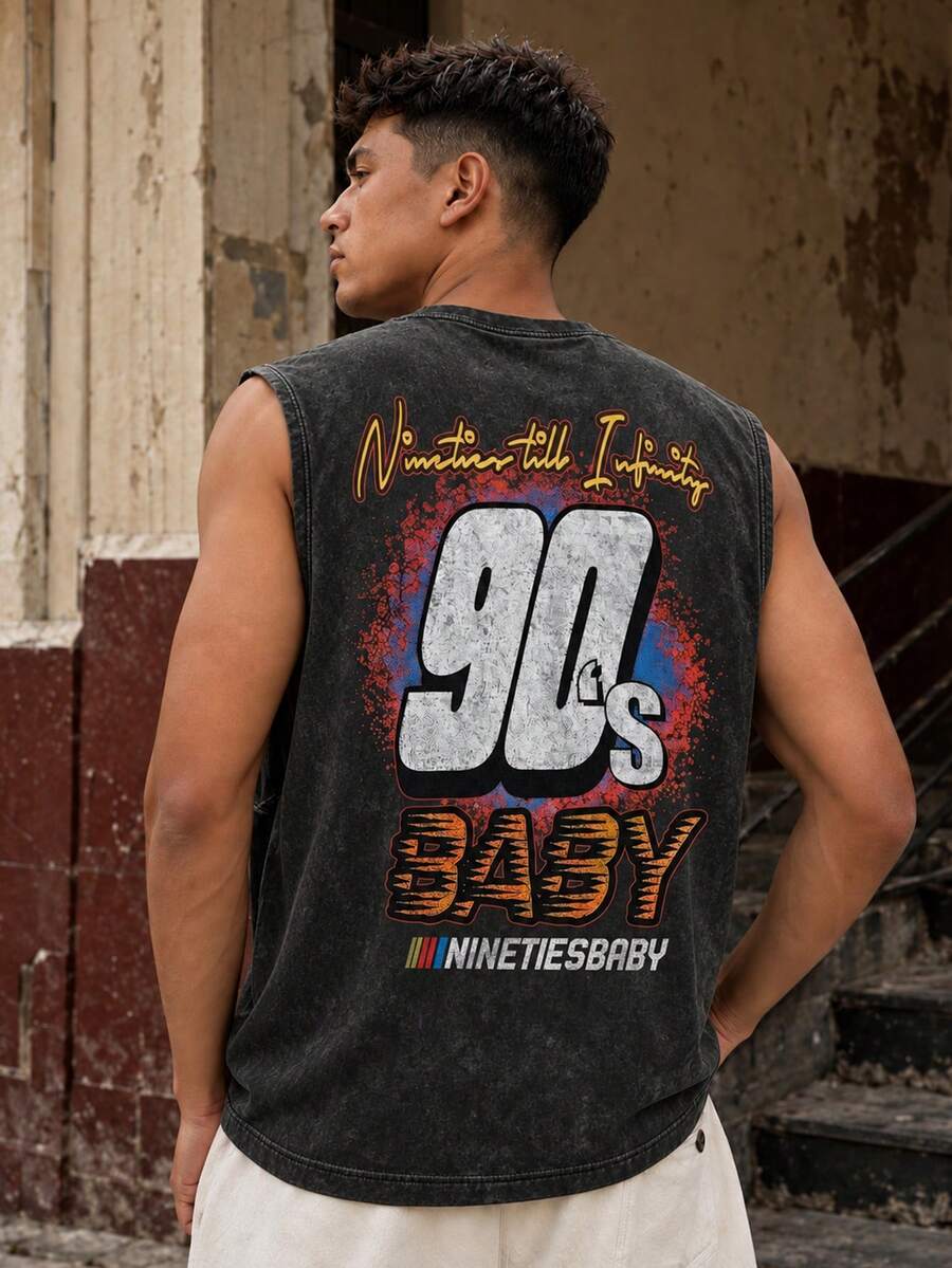 FRACTYR Men's Summer Casual Street Fashion "90s BABY" Racing Print Washed Tank Top | Must-Have Retro Street Style Item - Black - View 1