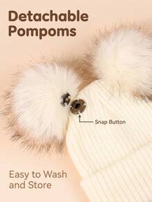 Baby Girl Faux Fur Double Pom Pom Warm Knit Hat, Suitable For Autumn/Winter - White - View 8