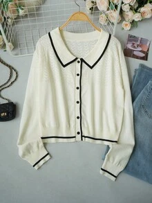 Women's Autumn/Winter Korean Style Hollow-Out Contrast Color Ribbed Knit Cardigan With Turn-Down Collar And Single-Breasted Buttons, Slim Fit Top, Suitable For Casual Outings, Halloween Events And Shopping - Apricot - View 6