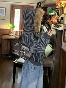 Autumn/Winter American Style Lazy Loose Hooded Striped Brushed Fleece Zip-Up Jacket With Fur Collar - Grey - View 5