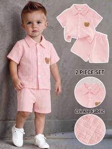2pcs Baby Boy Street Fashion Set: Textured Pocket Bear Embroidered Shirt And Shorts - Baby Pink - View 3