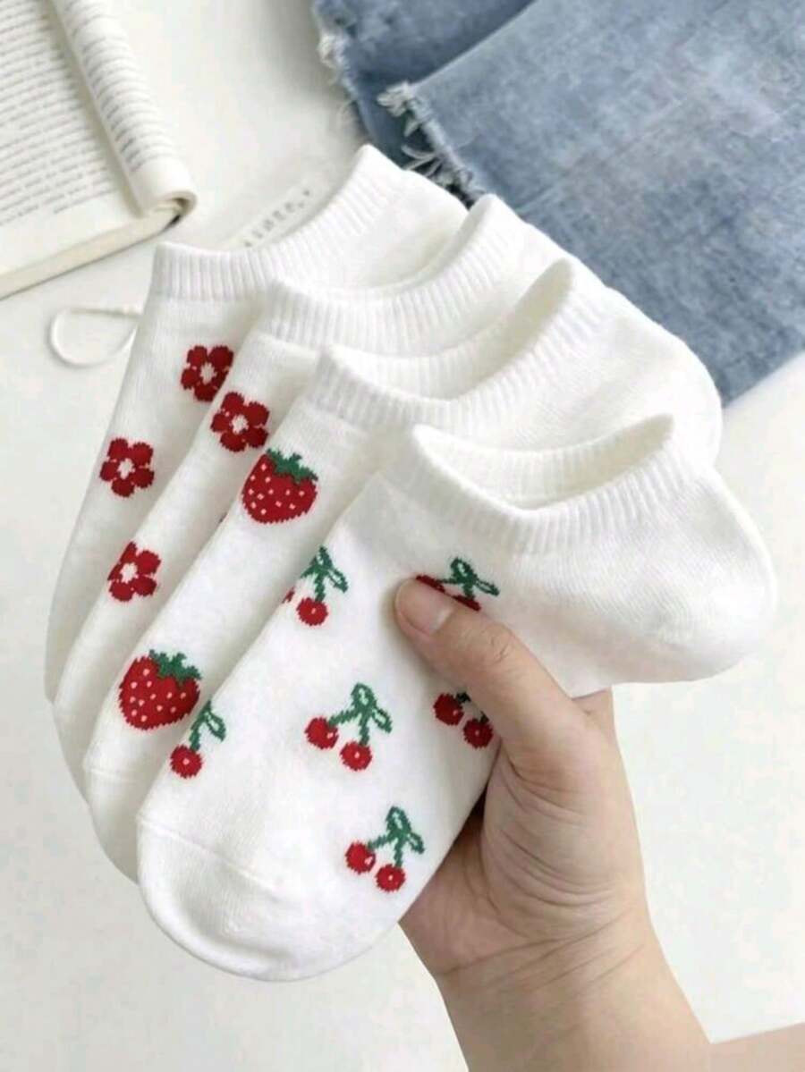 4/1 Pair/Set Women's Cherry, Strawberry And Floral Print White Thin Invisible Short Socks, Suitable For Daily Wear - Multicolor - View 1