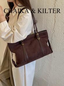 1pc Simple Buckle Suede Fabric Shoulder Tote Bag, Suitable For Commuting, Shopping, Etc. - Coffee - View 12