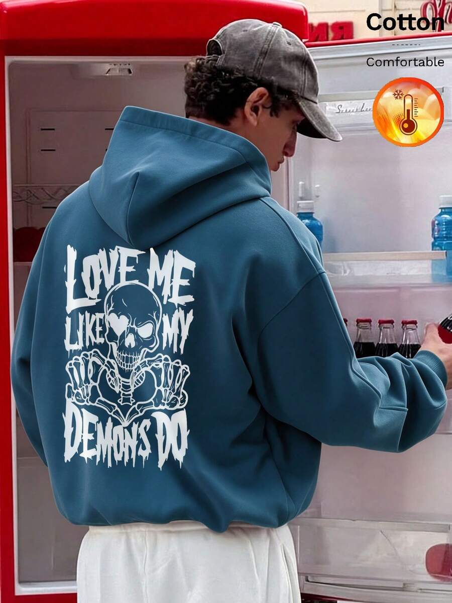 Men's Fleece Hoodie, Skull Print And "LOVE ME LIKE MY DEMONS DO" Text, Y2K Style, Autumn/Winter - Cow Blue - View 1