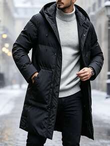 Men's Padded Coat, Mid-Length Knee-Length Warm Hooded Winter Coat, Casual Daily, Business Commute, Outdoor Sports , Fall Winter - Black - View 1