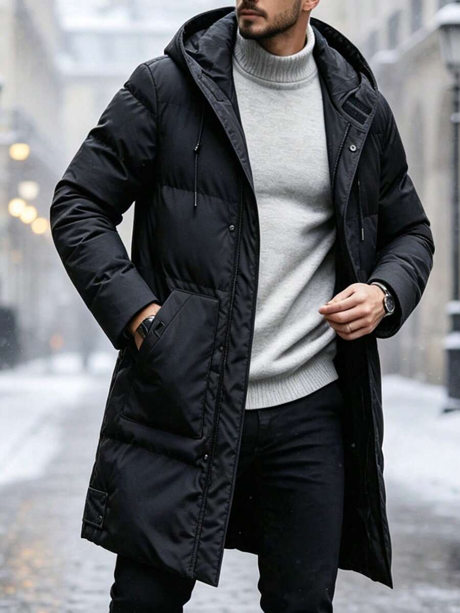 Men's Padded Coat, Mid-Length Knee-Length Warm Hooded Winter Coat, Casual Daily, Business Commute, Outdoor Sports , Fall Winter - Black - View 1