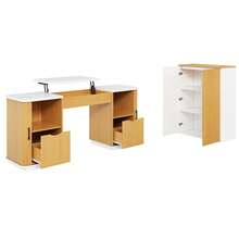 Modern Office Furniture Set And Desk With Filing Cabinet – 140cm Computer Desk With Fold-Down Compartment, Lower Cabinets And Fluted Design, Wood And White Look, Ample Workspace For Home And Office - White + Oak - View 10