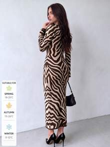 SUNSTORY Women's Autumn/Winter Fashionable V-Neck Zebra Print Knit Sweater Dress, Suitable For Commuting, Street Style, Dating, Evening Party, New Year's Eve - Multicolor - View 8