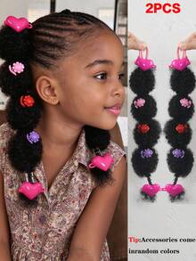 2pcs Kids Ponytail Hair Extensions, Cute Compact Mary Bubble Style Fluffy African Braided Ponytail, Comes With Colorful Hair Accessories (Random Color) - Natural Black - View 12