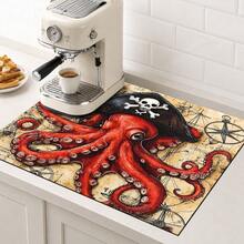 1pc Pirate Octopus Illustration Diatom Mud Absorbent Drying Mat, Kitchen Countertop Draining Mat, Coffee Machine Mat, Dish Drying Mat, Dining Table Breakfast Mat, Non-Slip Heat-Resistant Easy To Clean Hidden Water Stains, Suitable For Kitchen, Dining Table, Coffee Shop, Bar, Home Decor, Holiday Gift - Multicolor - View 1