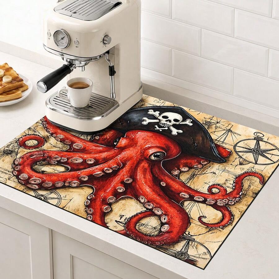 1pc Pirate Octopus Illustration Diatom Mud Absorbent Drying Mat, Kitchen Countertop Draining Mat, Coffee Machine Mat, Dish Drying Mat, Dining Table Breakfast Mat, Non-Slip Heat-Resistant Easy To Clean Hidden Water Stains, Suitable For Kitchen, Dining Table, Coffee Shop, Bar, Home Decor, Holiday Gift - Multicolor - View 1
