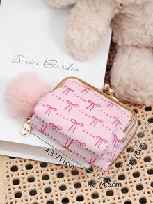 Fashionable Women's Pink Bow‑Print Kiss‑Lock Coin Purse, Fluffy Pom‑Pom Charm, Zipper Compartment, Suitable For Commuting And Shopping - Hot Pink - View 12