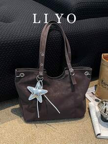 Women's Large Capacity Tote Bag, Vintage Dark Brown Large Shoulder Bag, Versatile Commuter Handbag With Star Pendant Decoration - Coffee Brown - View 8