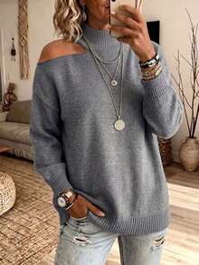 Plus Size Women's Fuzzy Knit Turtleneck Pullover Sweater, Asymmetrical Cold Shoulder Drop Shoulder Design, Autumn/Winter Essential - Grey - View 6