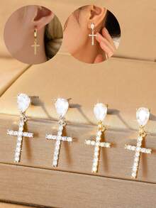 1pc Women's / Cross Earrings Vintage Classic Full Zirconia Inlaid Minimalist Exquisite Gentle Elegant Suitable For Birthday Party, Gathering, Christmas, Thanksgiving, Easter - Multicolor - View 1