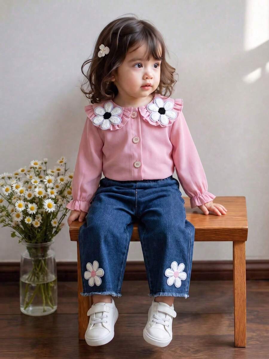 Bộ 2 món bé gái mùa xuân/thu màu hồng dễ thương, áo blouse tay dài cổ bèo nhún họa tiết hoa 3D phối cùng quần ống rộng đa năng, gấu quần trang trí hoa, trang phục hằng ngày ngọt ngào cho trẻ sơ sinh và chập chững - Hồng - Xem 1