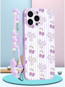 #Hot # 1pc Purple TPU Cherry Daisy Striped Pattern Full Coverage Shockproof Phone Case And 1pc Purple Heart Bead Wrist Strap, Suitable For Versatile Phone Case/Lanyard Phone Case/Fun Phone Case/Apple Phone/Android Phone Case - Multicolor - View 3
