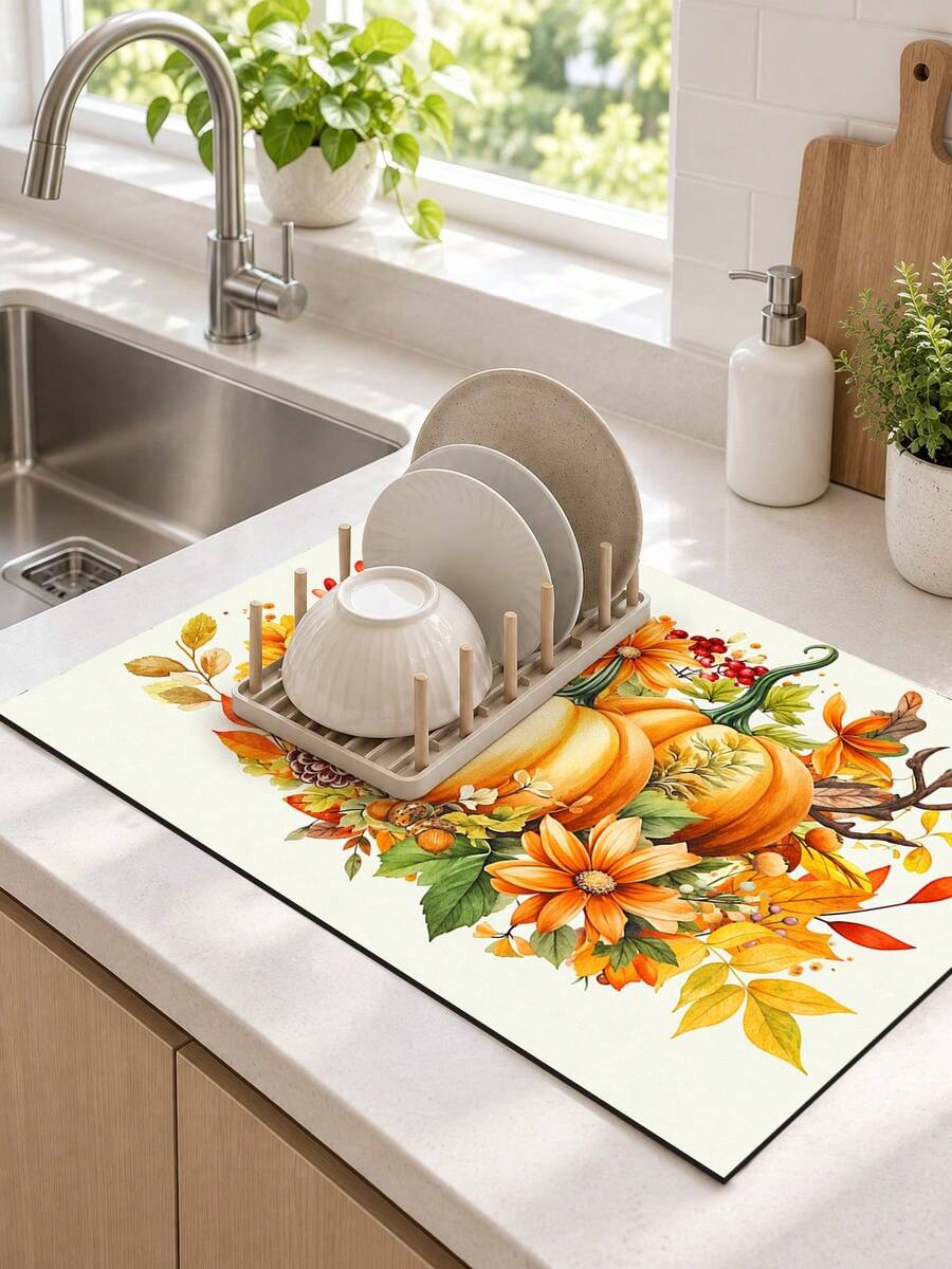 1pc Maple Leaf & Pumpkin Pattern Diatomaceous Earth Absorbent Drying Mat, Kitchen Countertop Drain Mat, Coffee Machine Mat, Dish Drying Mat, Dining Table Breakfast Mat, Non-Slip Heat Resistant, Easy To Clean, Hides Water Stains, Suitable For Kitchen, Dining Table, Coffee Shop, Bar, Home Decor, Holiday Gift - Multicolor - View 1