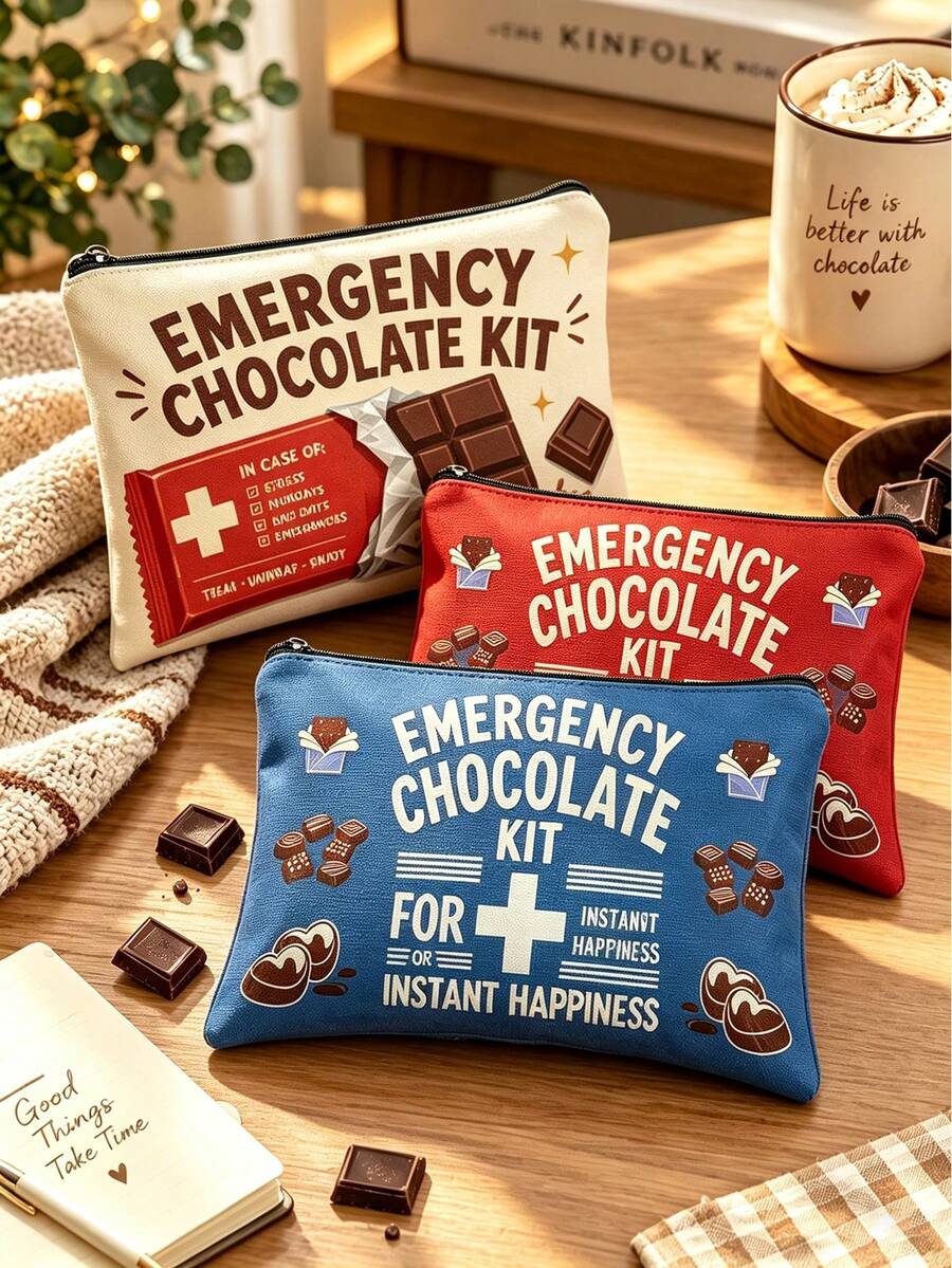 "Emergency Chocolate" Slogan Storage Bag/Travel Toiletry Bag, Zipper Closure, Suitable For Travel, Business Trip, Vacation And Camping