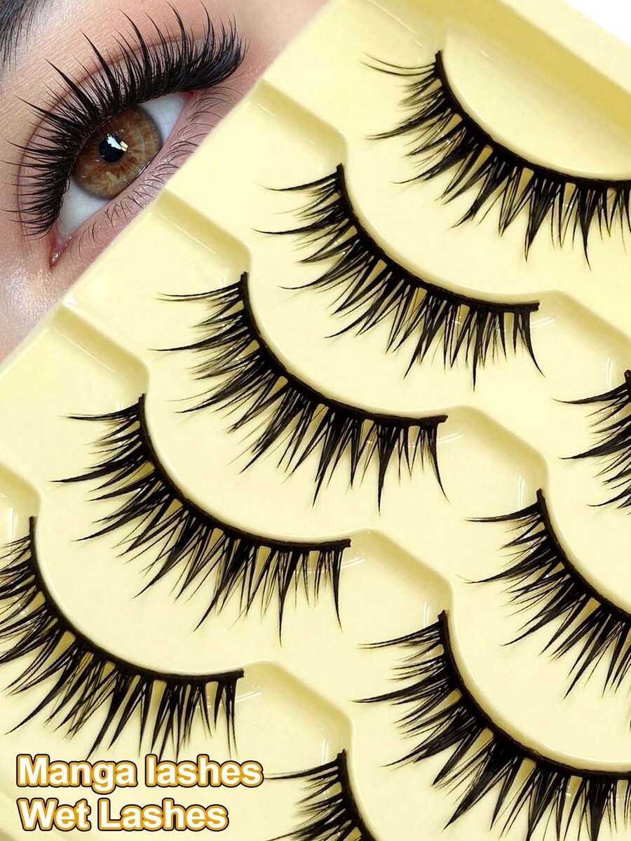 Sibeuna 5 Pairs Reusable Cat Eye Full Strip Eyelashes, Wet Lashes,Manga Lashes,Spike Lashes,Natural & Fluffy Crossed Ends Eyelash Extension, Lengthening False Eyelashes, Suitable For Any Casual Occasion - Black - View 1