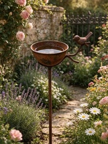 Vintage Distressed Rusty Bird Waterer Garden Decor Ground Stake, Metal Bird Feeding Bowl For Yard Gardening, Exquisite Design, Natural Finish, Perfect For Hummingbirds, Birds And Insects, Garden Water Feature, Yard Decoration, Elegant Bird Bath, Spring And Summer Garden Decor - A - View 1