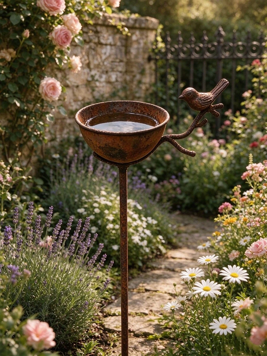 Vintage Distressed Rusty Bird Waterer Garden Decor Ground Stake, Metal Bird Feeding Bowl For Yard Gardening, Exquisite Design, Natural Finish, Perfect For Hummingbirds, Birds And Insects, Garden Water Feature, Yard Decoration, Elegant Bird Bath, Spring And Summer Garden Decor - A - View 1