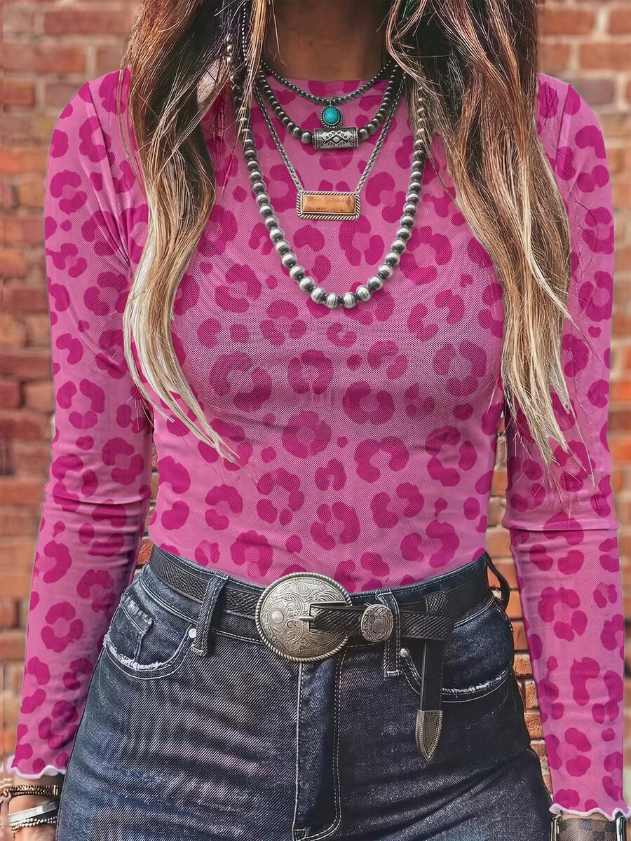 Women's Rose Red Leopard Print Mesh Long Sleeve Top, Round Neck Sheer Slim Fit Blouse, Ruffle Cuffs Western Cowboy Style Y2K Blouse