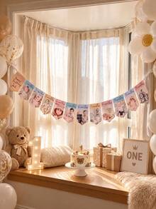 Personalized 1st Birthday Photo Banner, Customized Name Monthly Milestone Hanging Flag, Growth Timeline Banner, 1st Birthday Party Backdrop Decoration, Customized Photo Birthday Gift, Party Photo Booth And Celebration Wall Hanging Garland - Multicolor - View 6