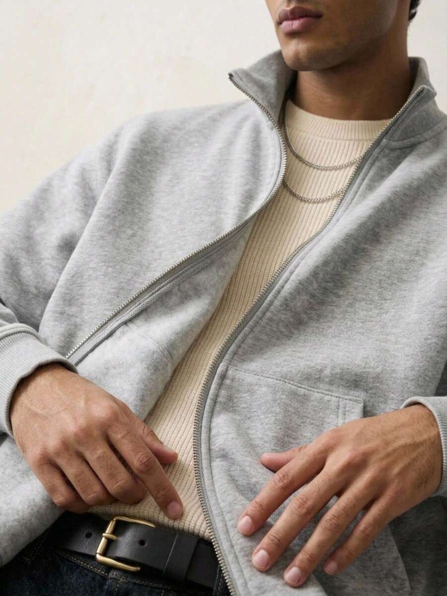 Men's Solid Color Long Sleeve Zip-Up Casual Knit Cardigan - Grey - View 1