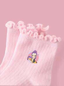 KPop Demon Hunters Spring/Autumn 5 Pairs Kids School Lace Socks, Anime K-POP Demon Hunter Girl Print Socks, Fashionable Soft Skin-Friendly Comfortable Sweat-Absorbent Breathable Mid-Calf Ruffle Edge Sports Socks, Suitable For Outdoor Sports/Back To School/Travel/Daily Wear, Random Color And Style - Multicolor - View 5
