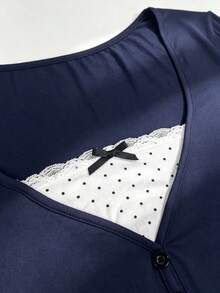 Plus Size Casual Women's Polka Dot Print Lace Patchwork Bow Decor Long Sleeve Top Fall, Contrast T-Shirt - Navy Blue - View 6