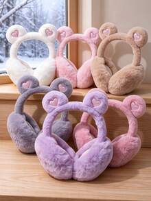 Cute Bear Ear Plush Earmuffs, Shiny Heart Embroidery Winter Warm Foldable Ear Muffs For Girls, Soft Faux Fur Cold Weather Ear Warmer - Multicolor - View 2