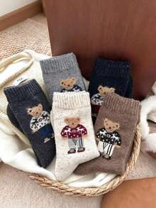 5 Pairs Women's Vintage Flocked Bear Mid-Calf Socks, Autumn/Winter Retro Cute Cartoon Sweater Bear Mid-Calf Socks, Soft Warm Casual Socks, Pointelle Knit Socks, Suitable For Daily Wear, Boots, Sneakers, Multi-Color Atmospheric Women's Socks - Multicolor - View 1