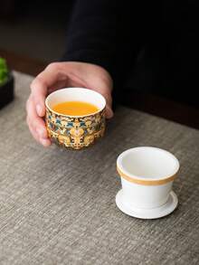 WEN ZHE Portable Chinese Style Tea Cup With Tea Strainer And Lid, 100ml Ceramic Travel Mug, With Storage Bag, Suitable For Outdoor Travel - Multicolor - View 6