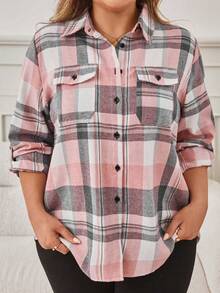 Plus Size Women's Casual College Style Printed Flap Pocket Roll Tab Sleeve Single-Breasted Button-Up Shirt, Spring/Autumn - Pink - View 7