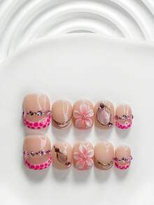 秋季 10 片裝優雅浪漫風手工穿戴甲，Polygel 凝膠美甲套組，花朵、水鑽、粉色指甲油，溫柔夢幻風，3 種尺寸可選，方形、短方形、杏仁形，適合派對、舞蹈、日常配戴（手工細節可能有所不同） - 彩色 - 查看 12