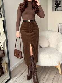 Rok Panjang Wanita Ukuran Plus Bahan Korduroi Vintage Panjang Sedang Pinggang Tinggi Belahan Depan Desain Saku Cokelat Musim Gugur/Dingin - Mocha Brown - View 3