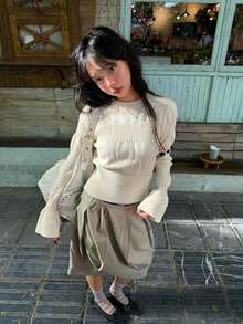Ribbed Crew Neck Sweater, Long Sleeve Pullover, High Stretch Knit, Regular Fit, Beige Casual Fall/Winter Top For Everyday Winter Outfits - Apricot - View 3