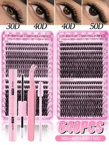 640pcs Mixed DIY Eyelash Extension Kit, Includes High Density Single Cluster Lashes, 9-16mm Mixed D Curl Effect, Lightweight Soft Comfortable, Includes Eyelash Glue, Tweezers And Eyelash Brush, Eyelash Cluster Set, False Eyelashes - Black - View 1