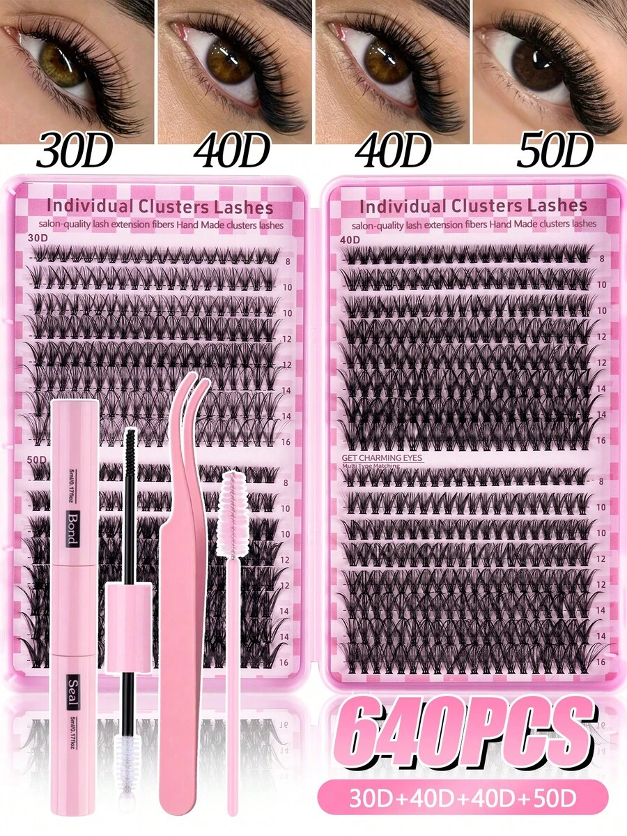 640pcs Mixed DIY Eyelash Extension Kit, Includes High Density Single Cluster Lashes, 9-16mm Mixed D Curl Effect, Lightweight Soft Comfortable, Includes Eyelash Glue, Tweezers And Eyelash Brush, Eyelash Cluster Set, False Eyelashes - Black - View 1