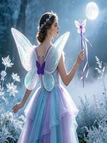 Shimmering Fairy Butterfly Wings Costume Set, Transparent Organza Elf Wings With Butterfly Magic Wand, Suitable For Halloween Cosplay, Birthday Party Dress-Up And Photography Props - Multicolor - View 1