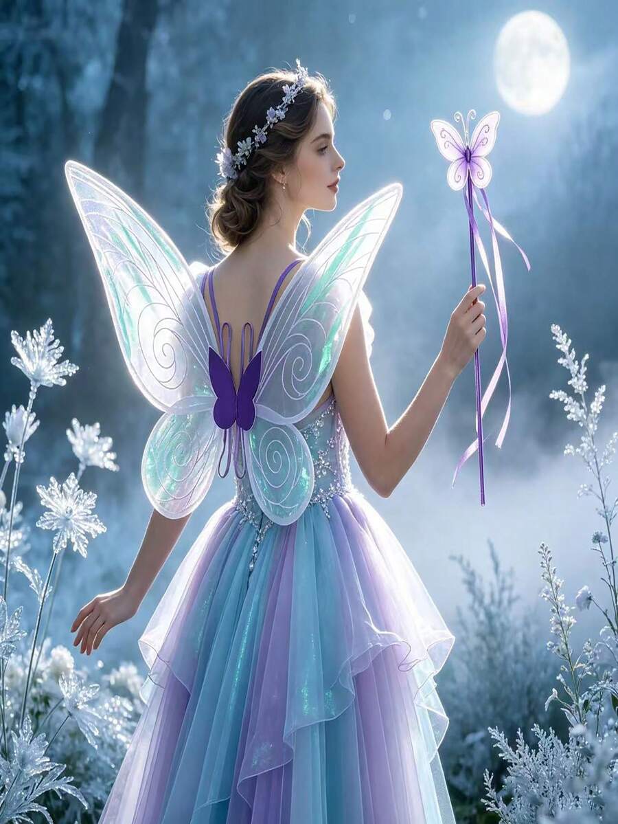 Shimmering Fairy Butterfly Wings Costume Set, Transparent Organza Elf Wings With Butterfly Magic Wand, Suitable For Halloween Cosplay, Birthday Party Dress-Up And Photography Props - Multicolor - View 1