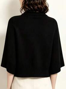 Single Button Knit Cape Cardigan, Black Cropped Shawl Sweater Cover Up - Black - View 4
