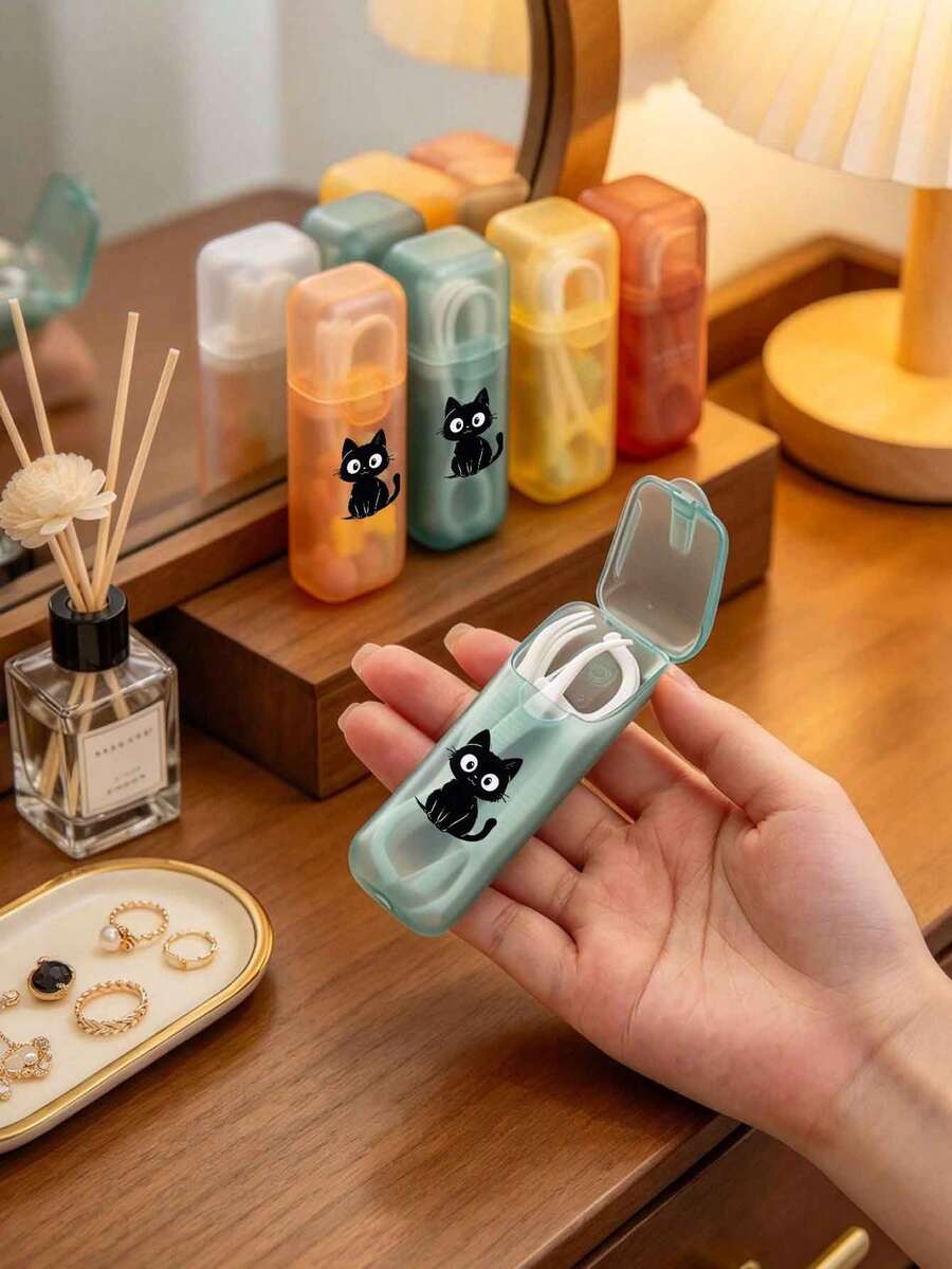 Cute Black Cat Print Portable Travel Cotton Swab Storage Box Floss Storage Box (Box Only), Portable Storage, Jewelry Organizer, Cotton Swab Storage, Compact Box, Lightweight Box, Durable Plastic, Sturdy Structure, Cotton Swab Storage, Frequent Traveler, Home Storage, Travel Accessory, Gift For Friends, Birthday Gift, Valentine's Day Gift, Christmas Gift, New Year Gift - Multicolor - View 1
