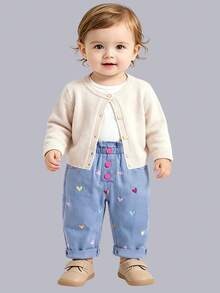 Baby Girl Spring Summer Autumn Denim Long Pants With Heart Embroidery, Light Blue Wash, Elastic Ruffle Waist, Pink Buttons, Loose Straight Leg, Sweet Casual For Daily Outdoor Outings - Blue - View 12