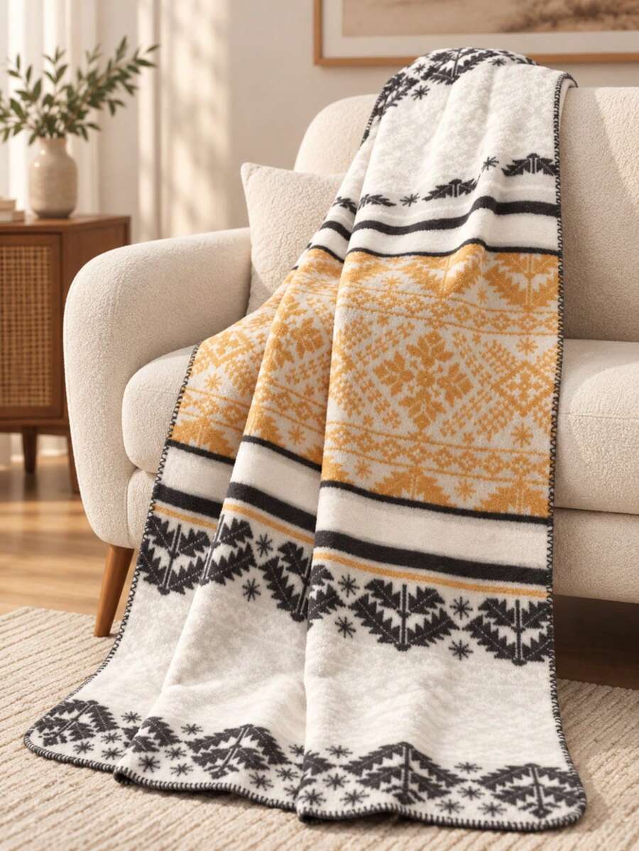 1pc Soft Textured Throw Blanket With Tassels, Cozy Lightweight Blanket For Sofa, Bed, Living Room & Home Decor, All-Season Use - Yellow - View 1