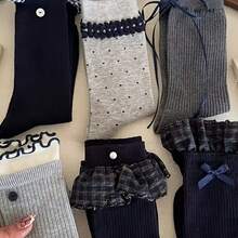 1/3/6 Pairs Set Of Autumn/Winter Cute Girly Long Socks With Plaid Lace Trim, Versatile Mid-Calf Socks Suitable For Home Use And Outdoor Leisure. - Multicolor - View 4