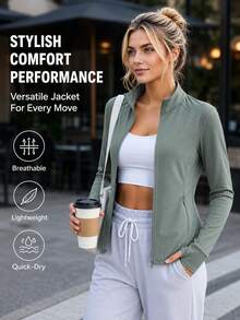Women's Lightweight Stand Collar Summer Jacket, Breathable Cool-Feeling Sun Protection Outerwear, With Zipper Pockets, Suitable For Outdoor Sports, Beach, Casual - Dark Green - View 1
