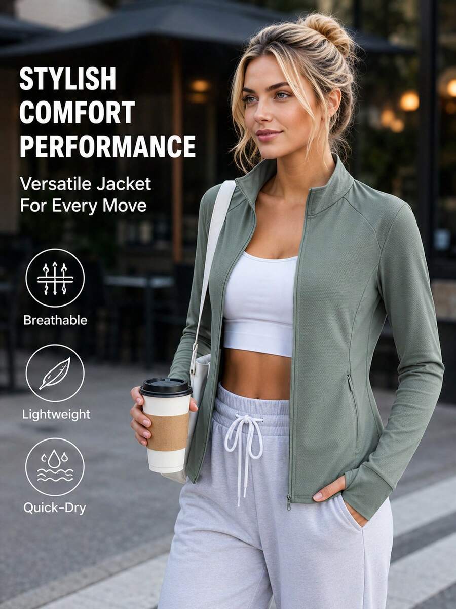 Women's Lightweight Stand Collar Summer Jacket, Breathable Cool-Feeling Sun Protection Outerwear, With Zipper Pockets, Suitable For Outdoor Sports, Beach, Casual - Dark Green - View 1